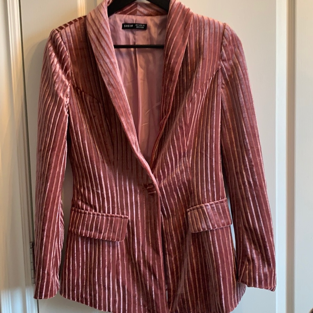 SHEIN Pink Striped Velvet Blazer